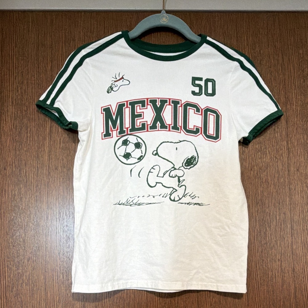 Rare Peanuts Snoopy Woodstock Mexico Soccer Club Ringer Tee White/Green Size S